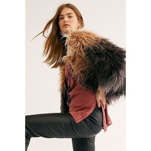 Nwot Free People One Terra Faux Fur Black Brown Ombre Shaggy Coat Size XS
